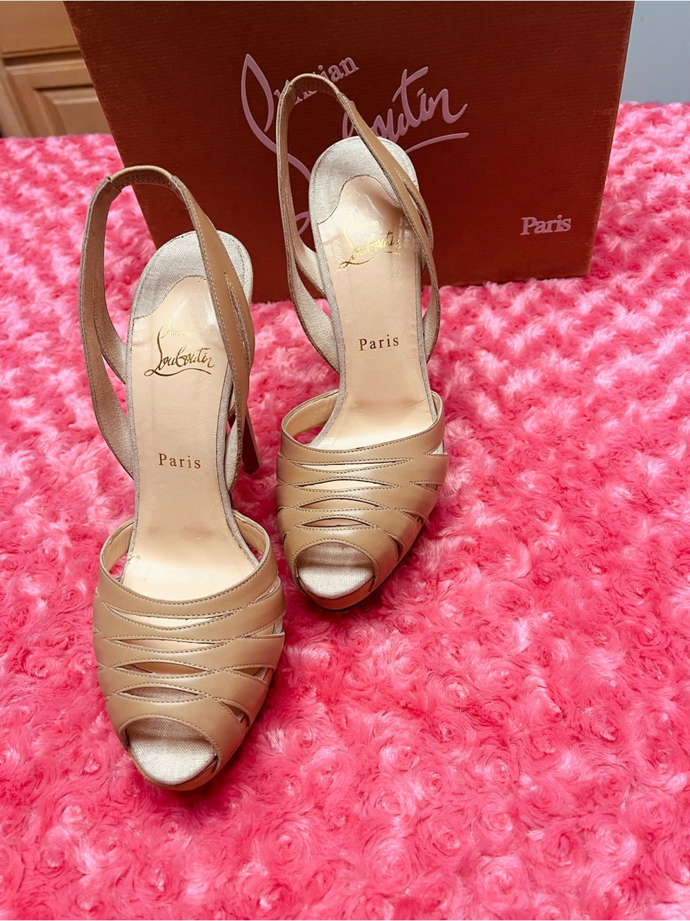Christian Louboutin Beige Open-Toe Strappy Slingback Heels